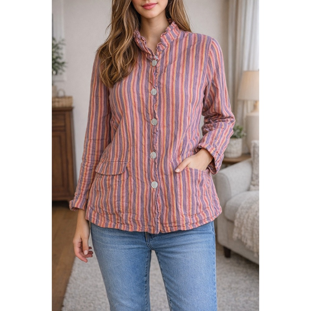 FLAX 100% Linen Striped Button‎ Down Shirt Ruffle Collar Purple Orange Large